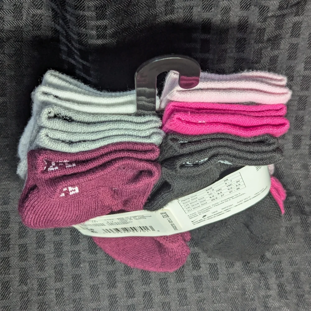 Pink, Black, And Gray Nike Kids' Cushioned Ankle Socks 6-Pack YTH 10c-3Y. - Picture 2 of 4